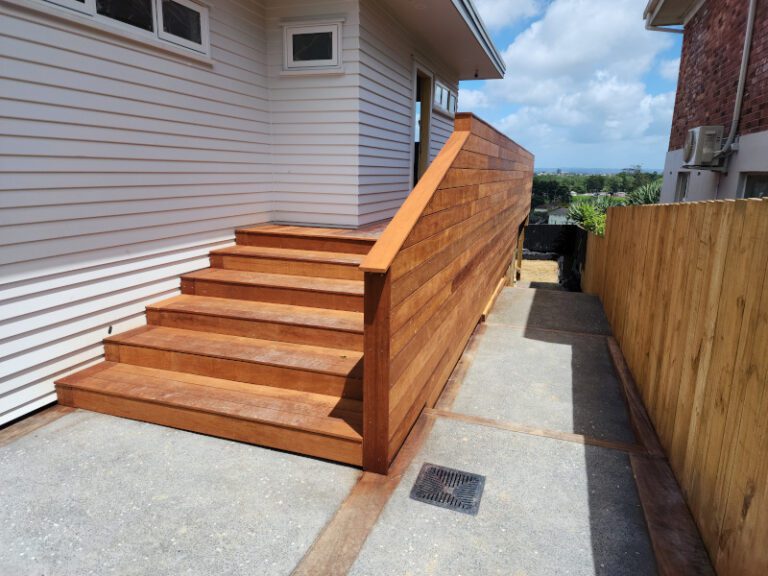 Modern stairway entrance build deck entrance building services to enhance value of house.
