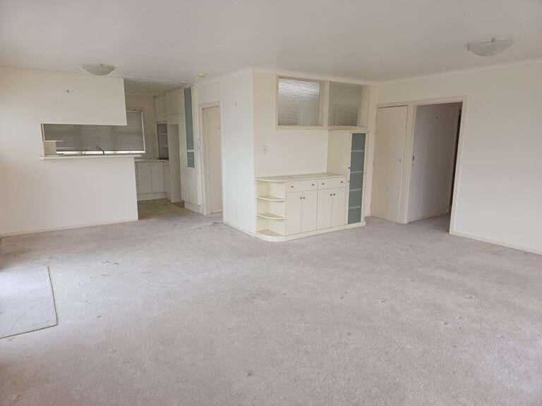 Bright, empty room with carpet, white walls, kitchen counter, cabinets. Ready for interior renovation or design project.