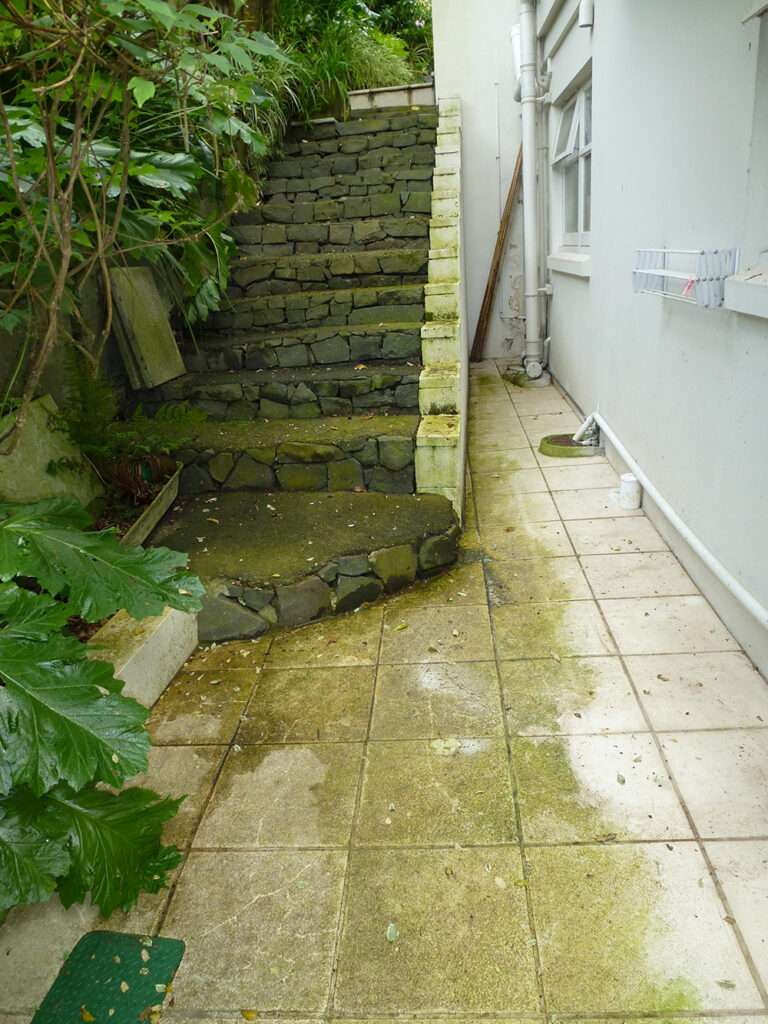 Paving Clean-up Case Study: Dirty stone steps and tiled patio area, showing area before professional cleaning services.