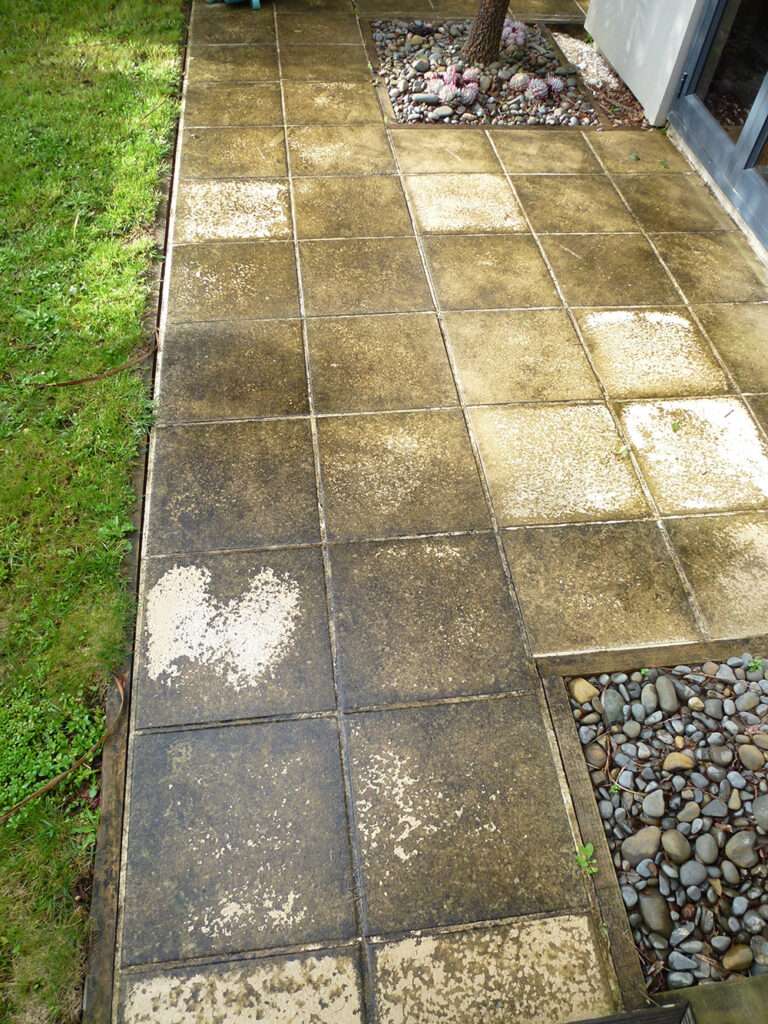 Dirty paving stone patio before clean-up. Grimy paving tiles show wear and need power washing for restoration. Paving Clean-up Case Study.