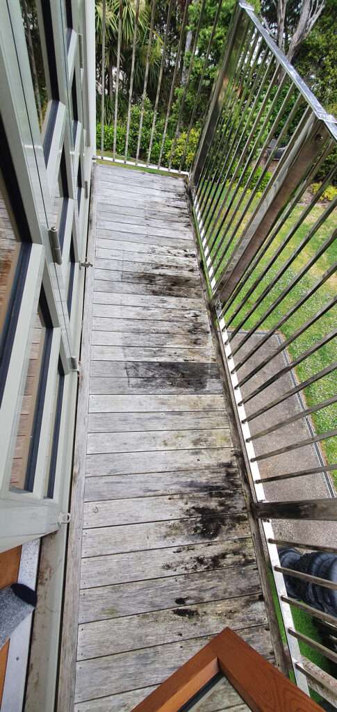 Kwila decking repair case study: Weathered wooden deck with mold and stains, showcasing the need for restoration.
