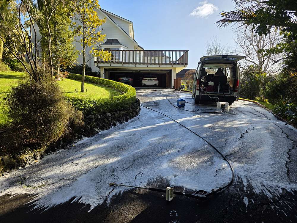 Moss and mould treatment on a driveway, showcasing a case study of moss removal and mould cleaning services.