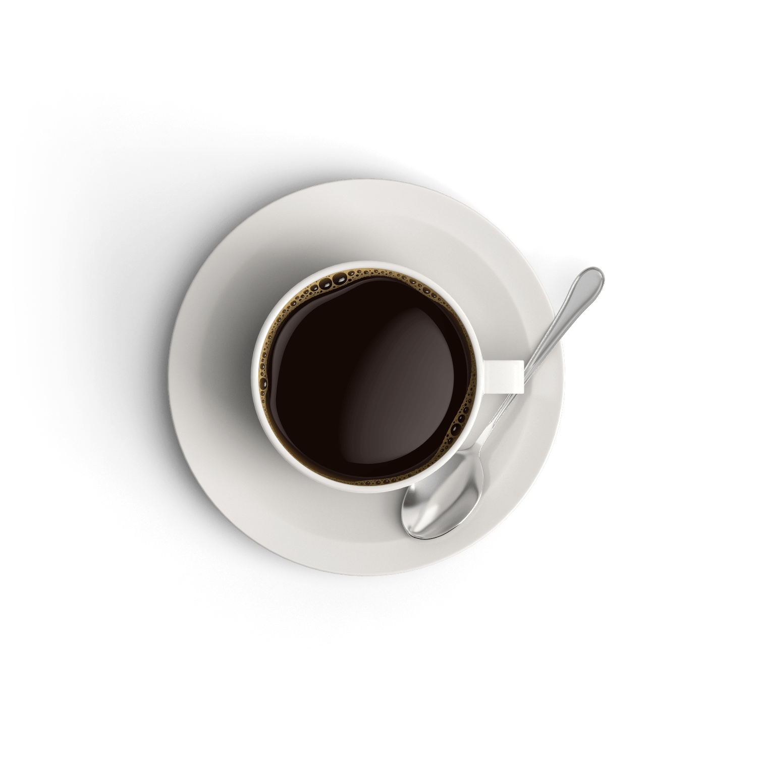 Overhead shot of black coffee in a white cup on a saucer with a spoon, perfect for morning refreshment.