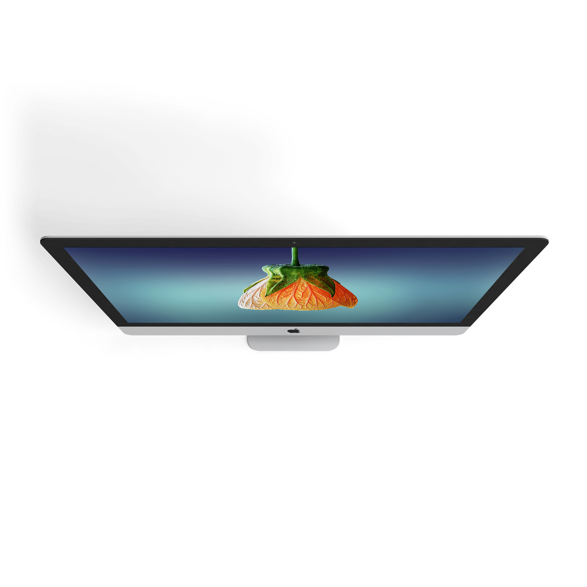 Overhead view of an Apple iMac computer displaying an artistic floral image on its screen. Modern technology design.
